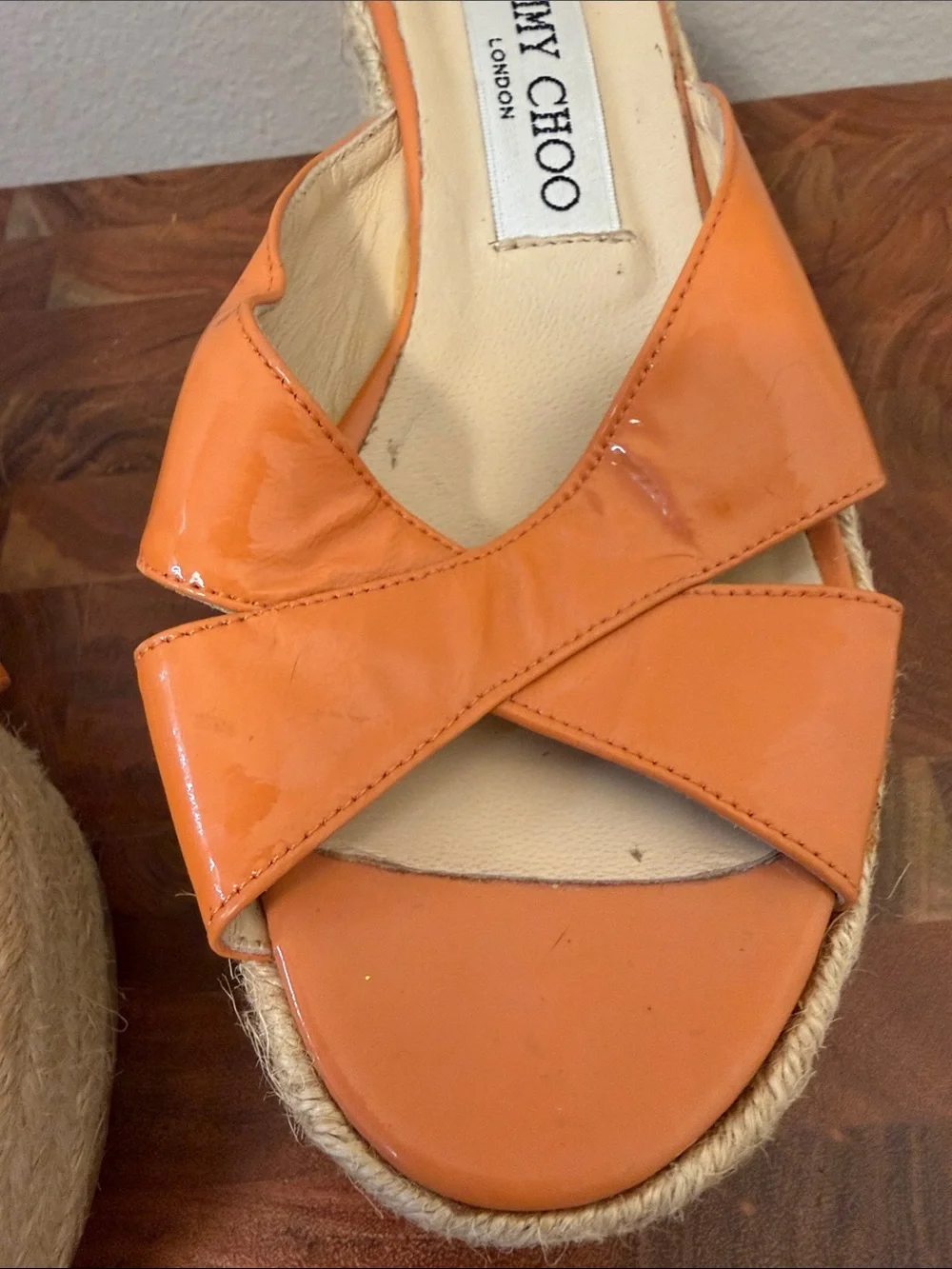 Jimmy Choo Phyllis Wedge Espadrille Orange Patent Leather Sandal Size 37 US 7